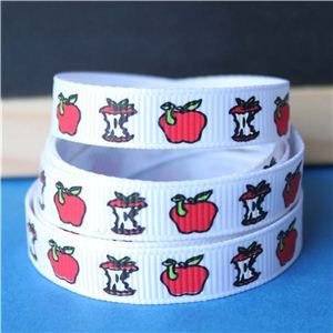Back to School Ribbons - 10mm Apple & Worm/White